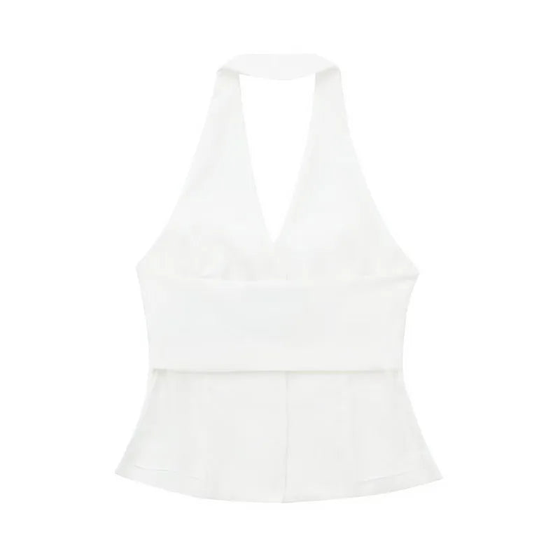 ZATRHMBM2023 New Fashion Single Breasted White Vest Retro Backless Halter Neck Ladies Chic Ladies Vest