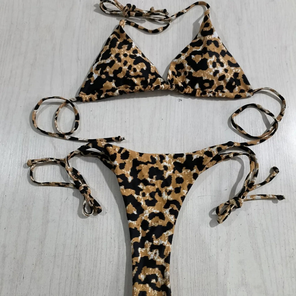 Sexy Deep V Bikini Set Tight Fit Leopard Print Beach Swimming Suit Women's Fashionable Two-Piece Swimsuit