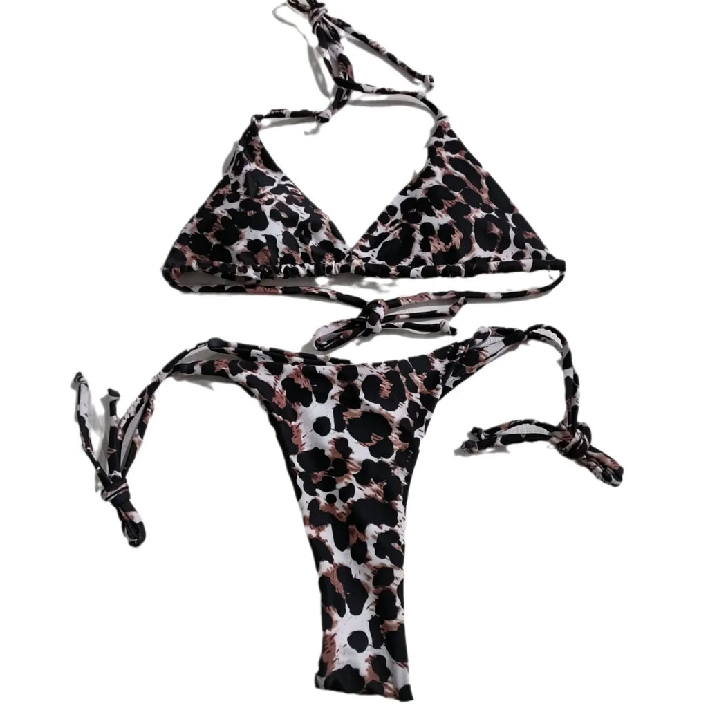 Sexy Deep V Bikini Set Tight Fit Leopard Print Beach Swimming Suit Women's Fashionable Two-Piece Swimsuit