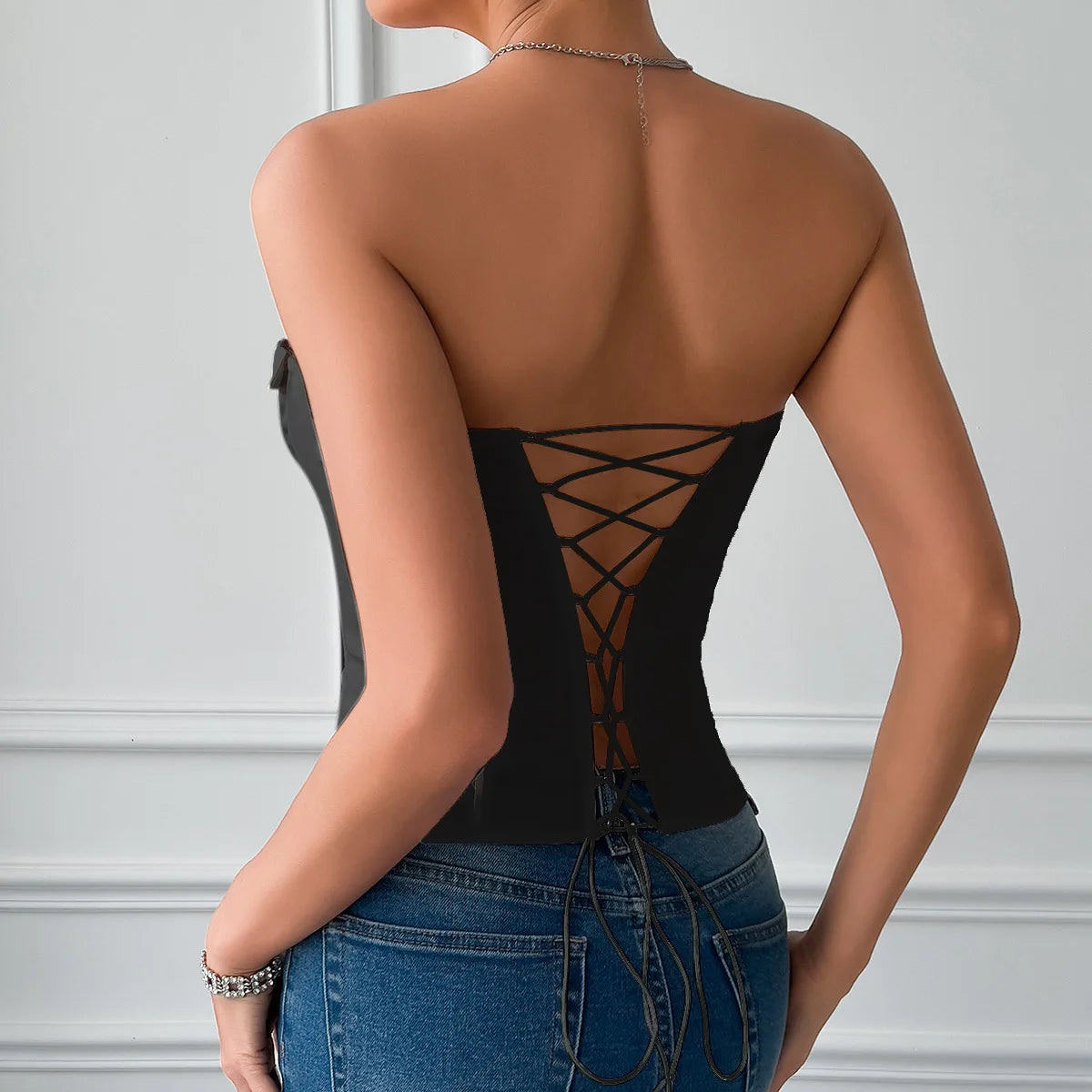 Sexy Club Fashion Sleeveless Bare Shoulder Fishbone Skinny Slim Crop Top Women,Strapless Bandage Tube Top Backless Vest