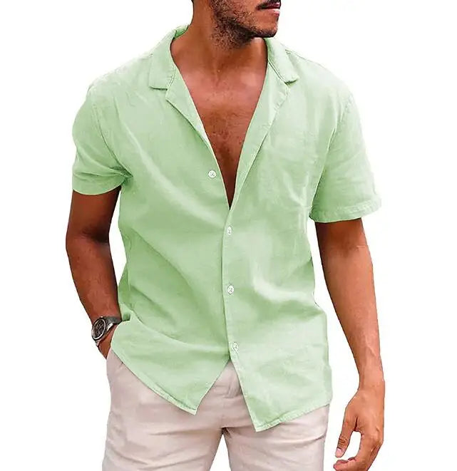 Summer Men's Short Sleeved T-shirt Loose Sweatshirt Solid Color Button up Cardigan Cotton Linen Shirt