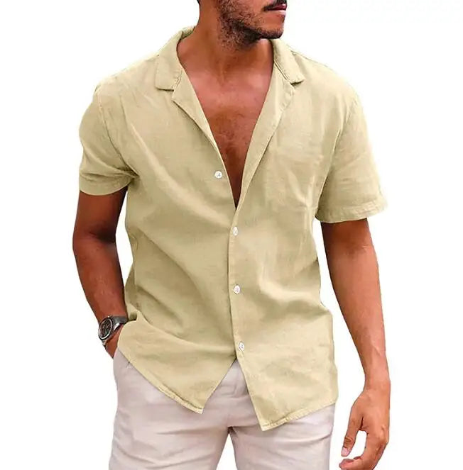Summer Men's Short Sleeved T-shirt Loose Sweatshirt Solid Color Button up Cardigan Cotton Linen Shirt