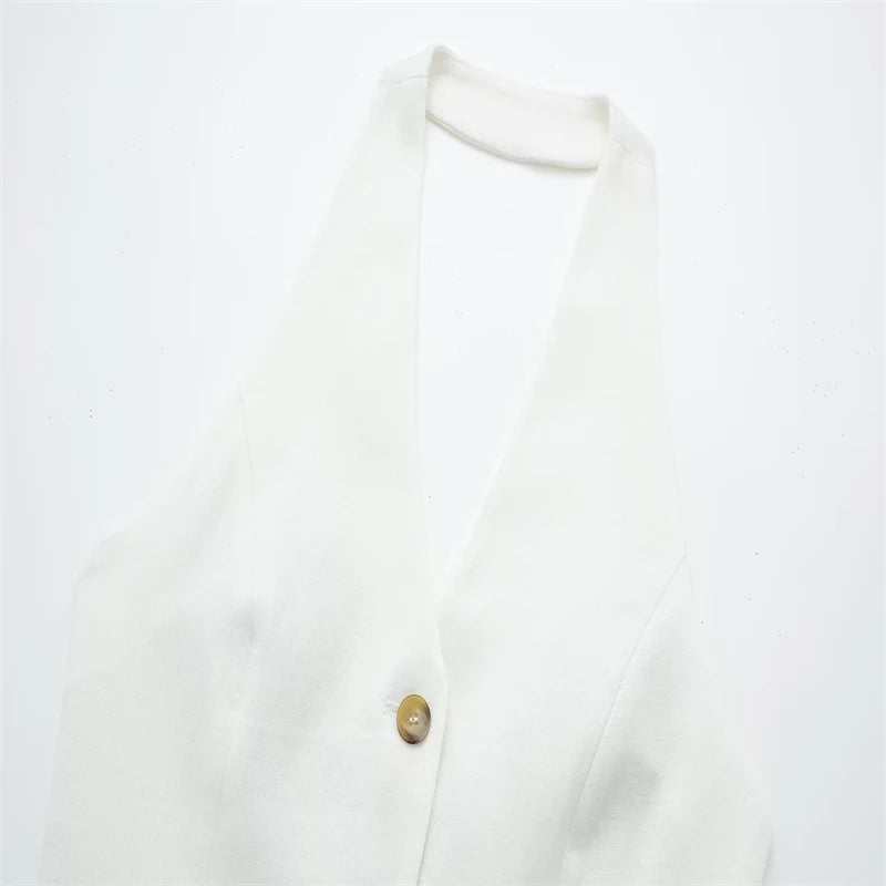 ZATRHMBM2023 New Fashion Single Breasted White Vest Retro Backless Halter Neck Ladies Chic Ladies Vest