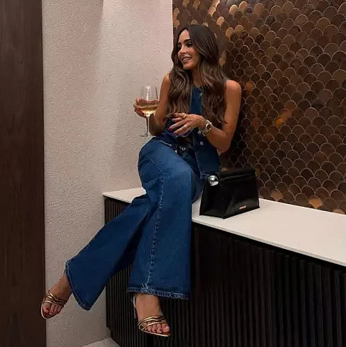Ohsisa 2025 Spring/Summer New Women's Sleeveless Vest Fashion Wide Leg Denim Two Piece Sets