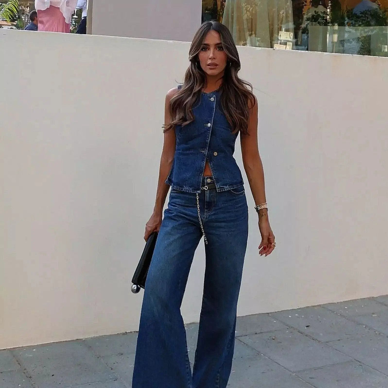 Ohsisa 2025 Spring/Summer New Women's Sleeveless Vest Fashion Wide Leg Denim Two Piece Sets