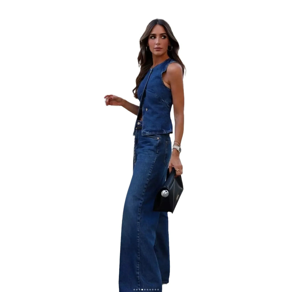Ohsisa 2025 Spring/Summer New Women's Sleeveless Vest Fashion Wide Leg Denim Two Piece Sets