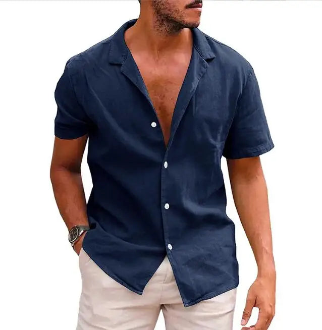 Summer Men's Short Sleeved T-shirt Loose Sweatshirt Solid Color Button up Cardigan Cotton Linen Shirt