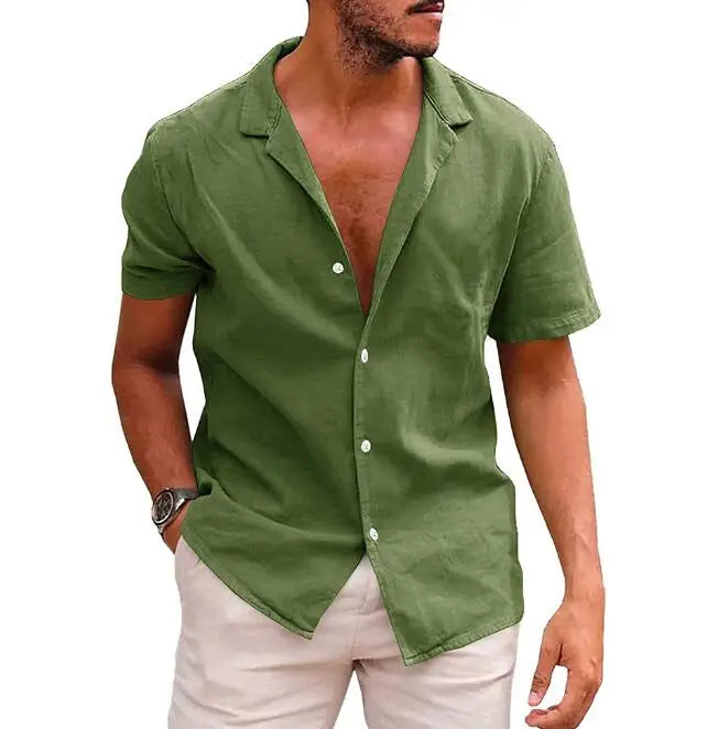 Summer Men's Short Sleeved T-shirt Loose Sweatshirt Solid Color Button up Cardigan Cotton Linen Shirt