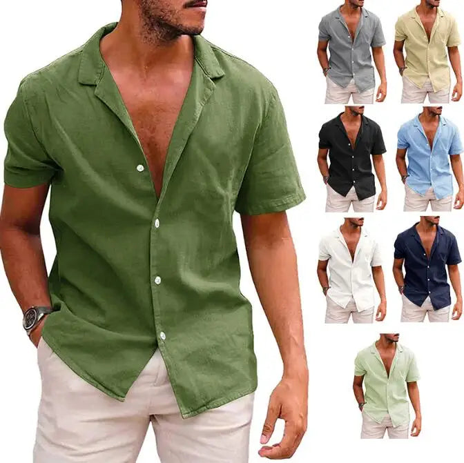 Summer Men's Short Sleeved T-shirt Loose Sweatshirt Solid Color Button up Cardigan Cotton Linen Shirt