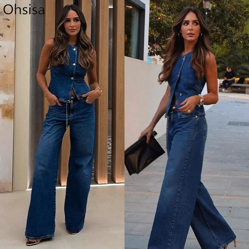 Ohsisa 2025 Spring/Summer New Women's Sleeveless Vest Fashion Wide Leg Denim Two Piece Sets