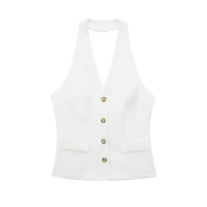 ZATRHMBM2023 New Fashion Single Breasted White Vest Retro Backless Halter Neck Ladies Chic Ladies Vest