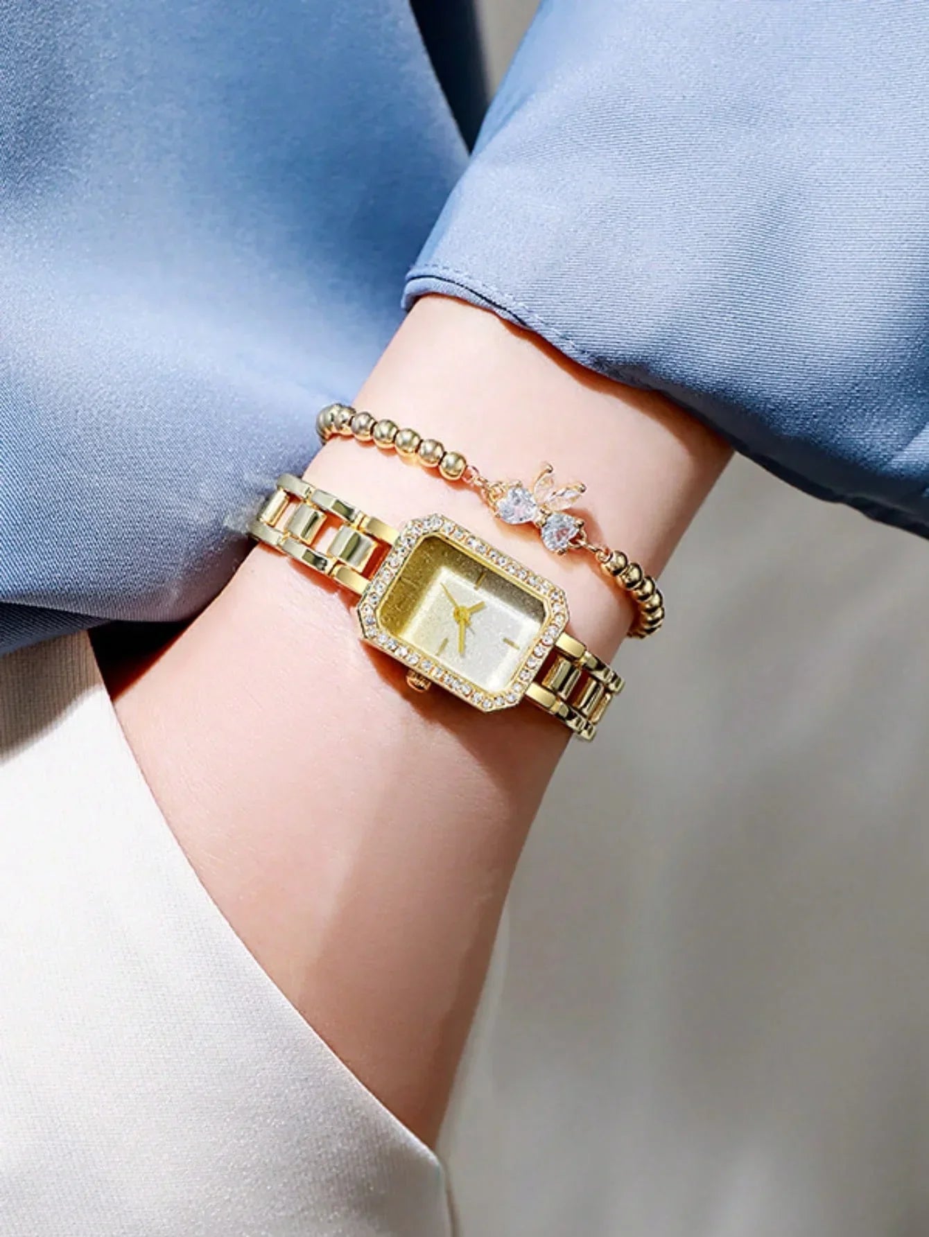 2-piece set of women's watches, women's styles, simple and fashionable, starry sky, diamond studded square watch set