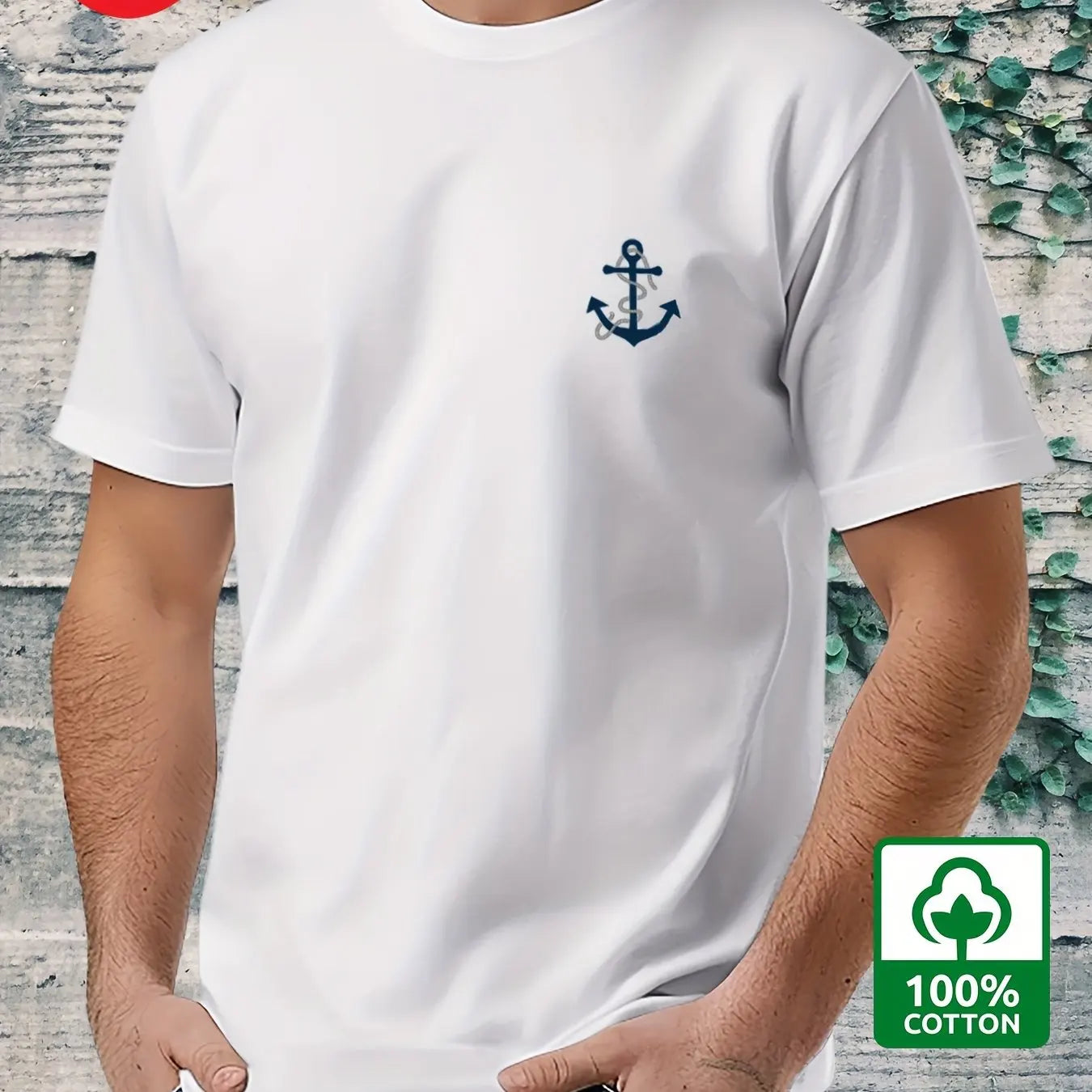 Men's 100% pure cotton fashionable casual loose boat anchor pattern printed round neck short sleeved T-shirt top