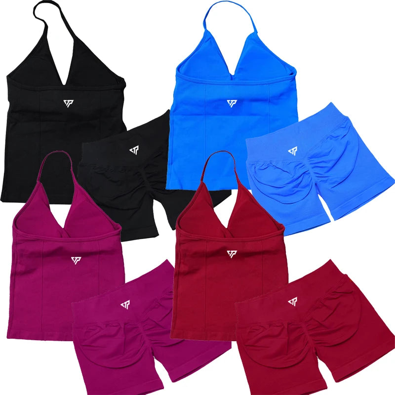 Keep That Pump 2 Piece Sets Shorts Top Womens Outfits Yoga Sets Gym Sets High Quality Seamless Lace-Up Bra Scratch Sports Sets