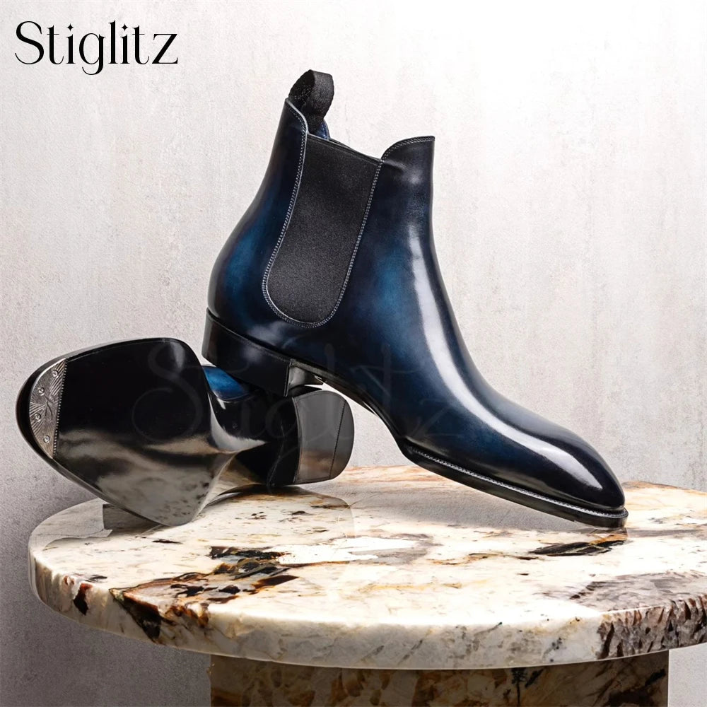 Almond Toe Chelsea Booties Formal Occasions Haute Couture Ankle Boots Genuine Leather Hand-Polished Stitched Slip-On Men's Boots