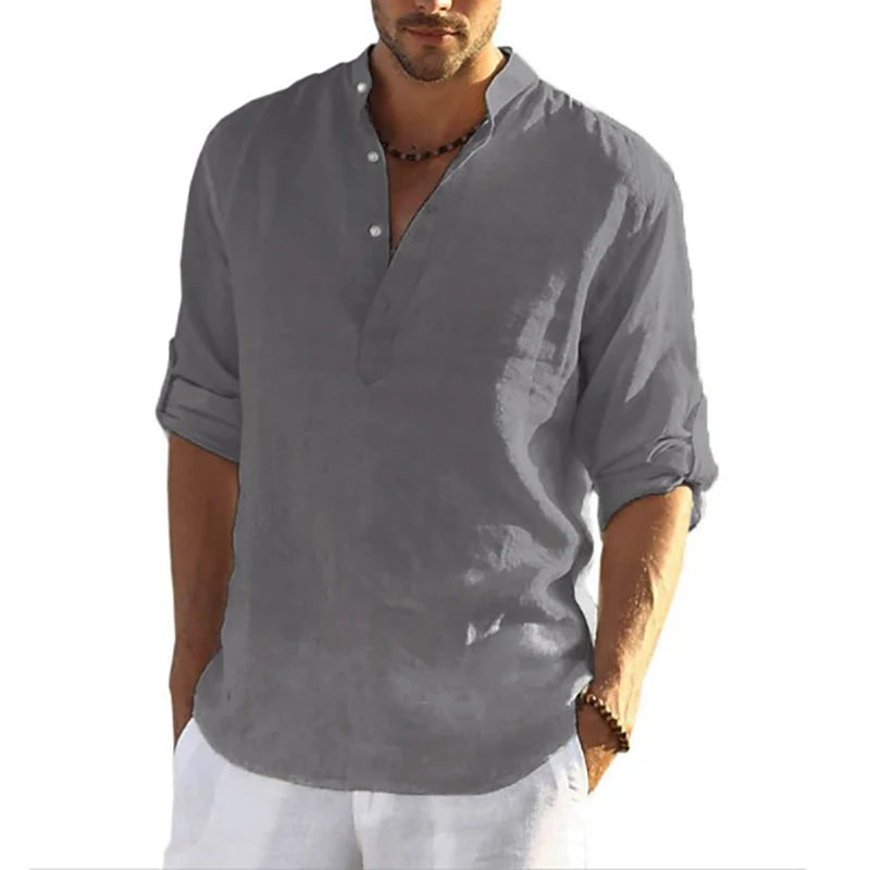 Solid Color 3D Printed Henley Shirts Men's Fashion Streetwear Oversized Stand Collar Long Sleeve Shirt Tops Blouse Man Clothing