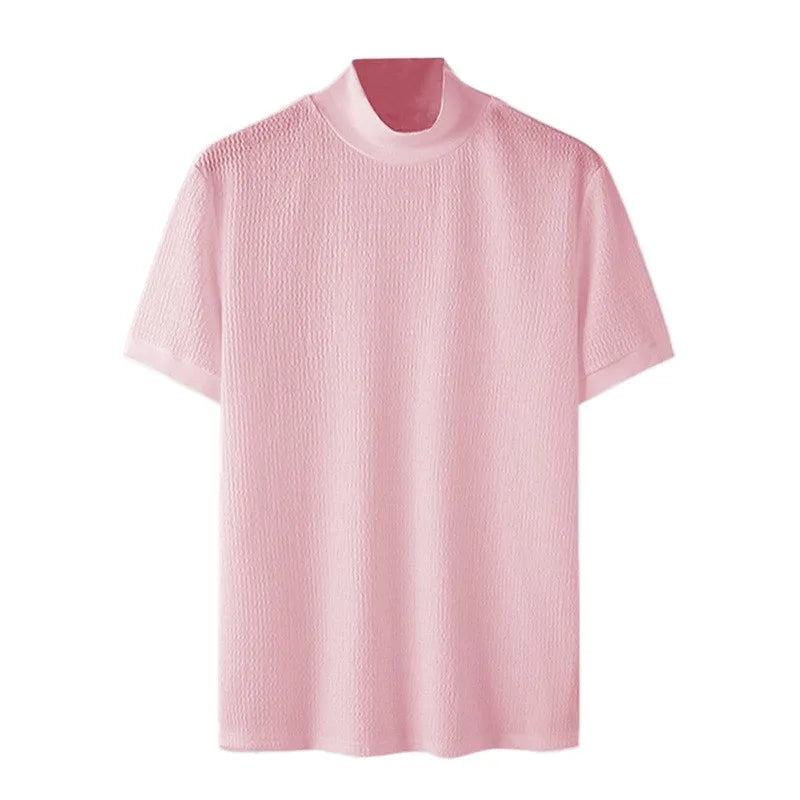 New Summer Fashion Tight T-shirt Casual Streetwear Textured High-neck Solid Color Short-sleeved Bottoming Tees Korean Style Tops