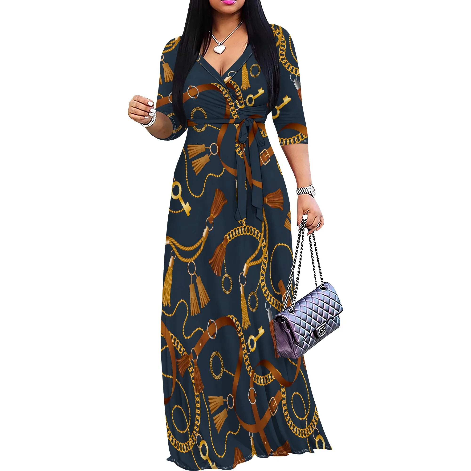 Women's 3/4 Sleeve V Neck Women With Pocket and Bel Long Dress Fashion Printed Split Hem Club Party Casual Vacation Maxi Dress