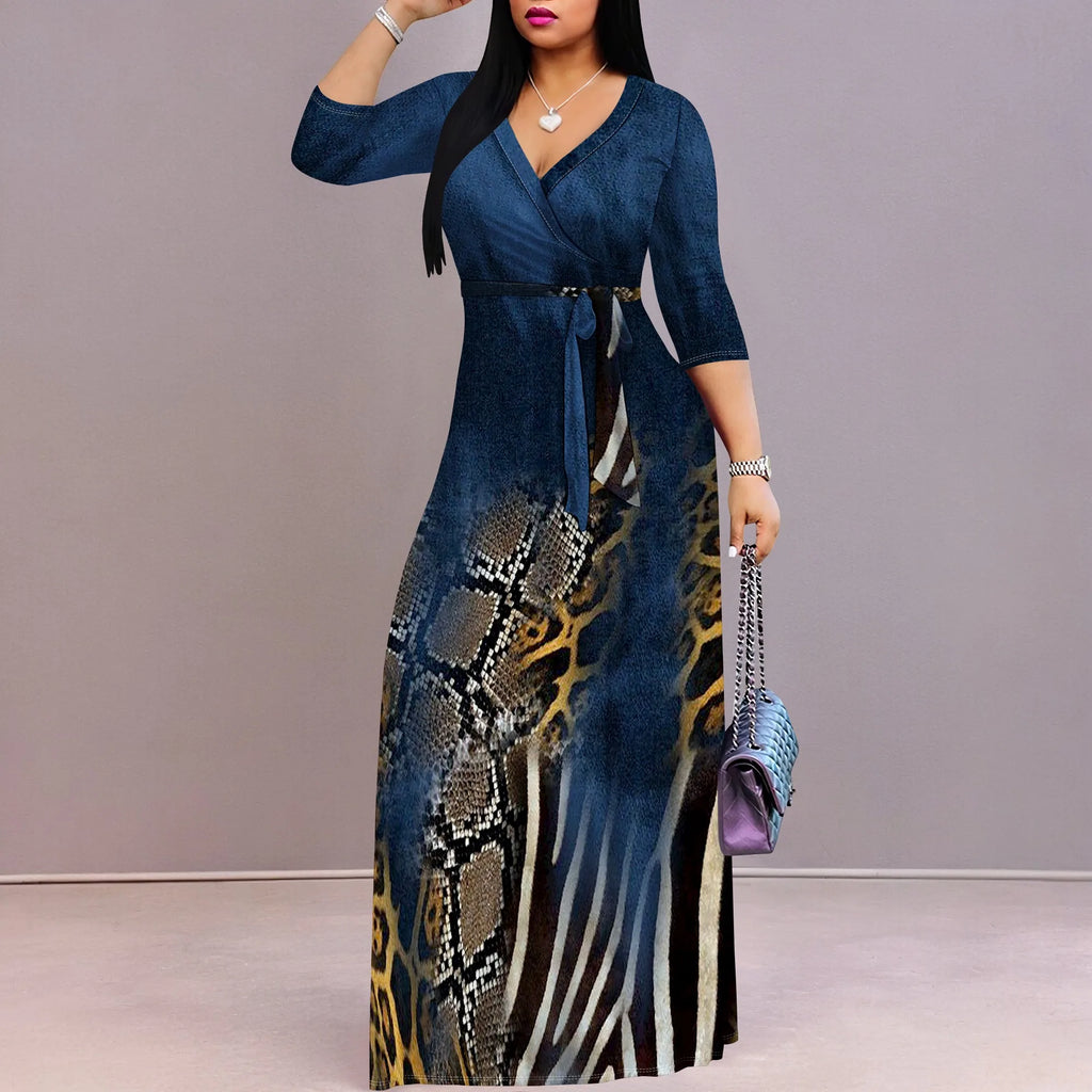 Women's 3/4 Sleeve V Neck Women With Pocket and Bel Long Dress Fashion Printed Split Hem Club Party Casual Vacation Maxi Dress