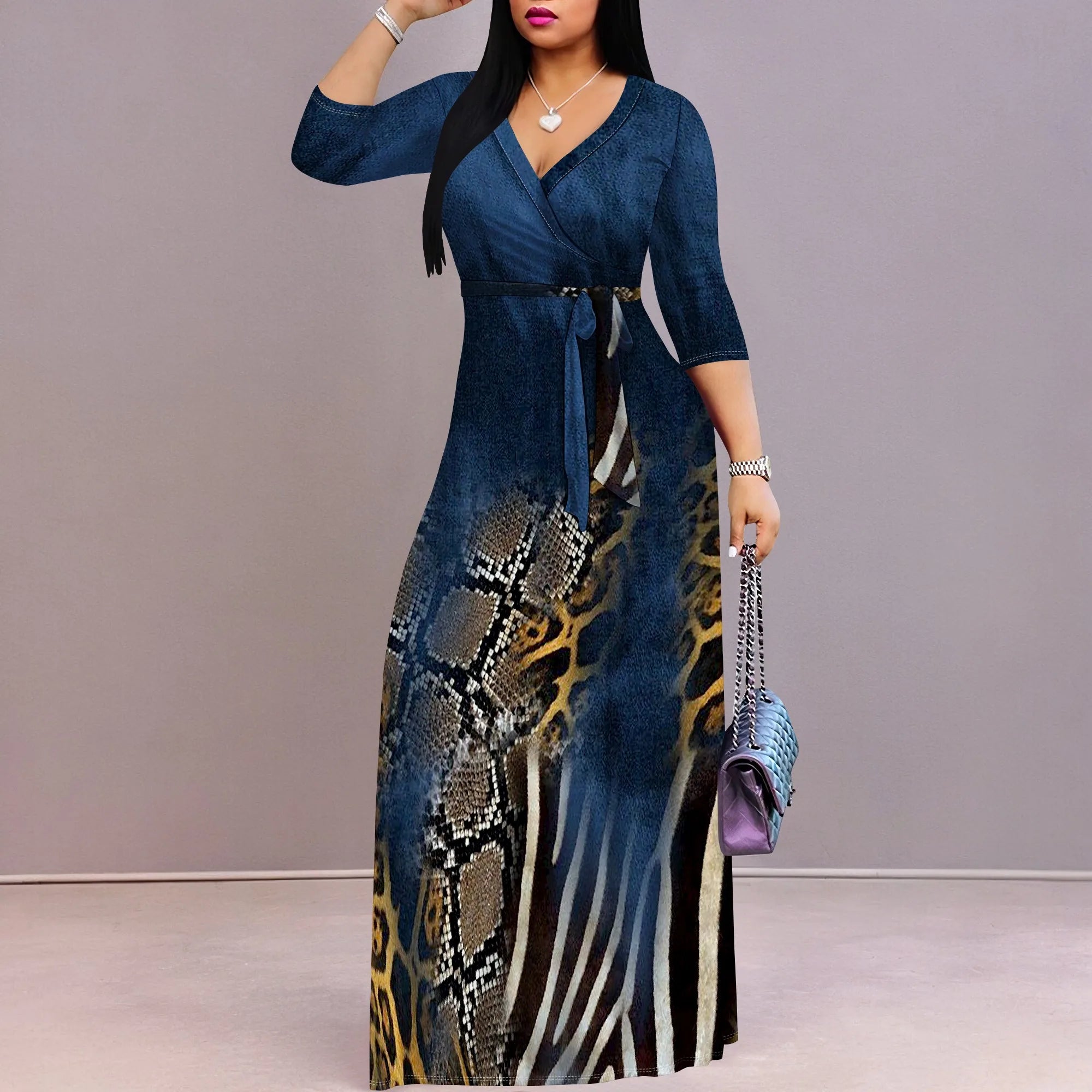 Women's 3/4 Sleeve V Neck Women With Pocket and Bel Long Dress Fashion Printed Split Hem Club Party Casual Vacation Maxi Dress