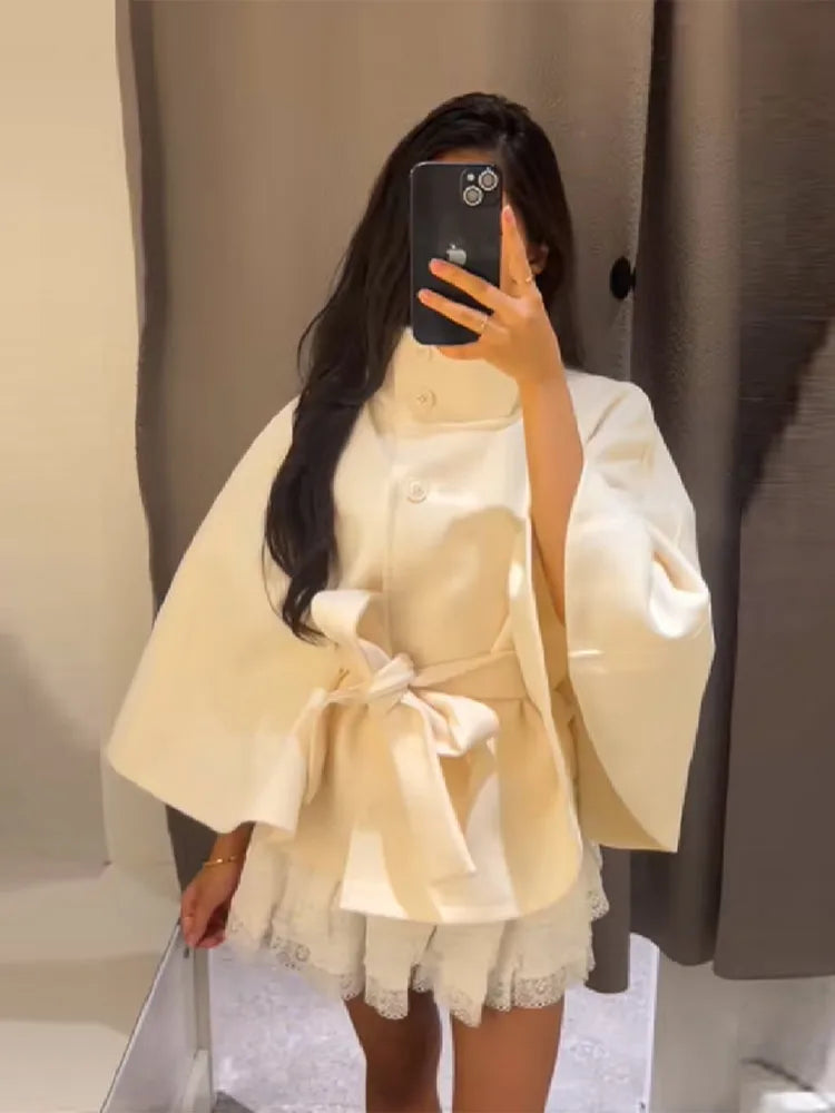 Elegant vintage Cape Coat Fashion Loose Stand Neck Belt Single Breasted Female Streetwear 2025 Autumn Winter Casual Lady Outwear