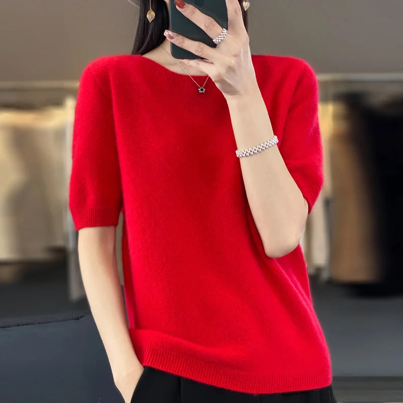 100% Merino wool women's O neck knitted T-shirt Korean pullover short sleeve sweater women's basic solid color half sleeve women