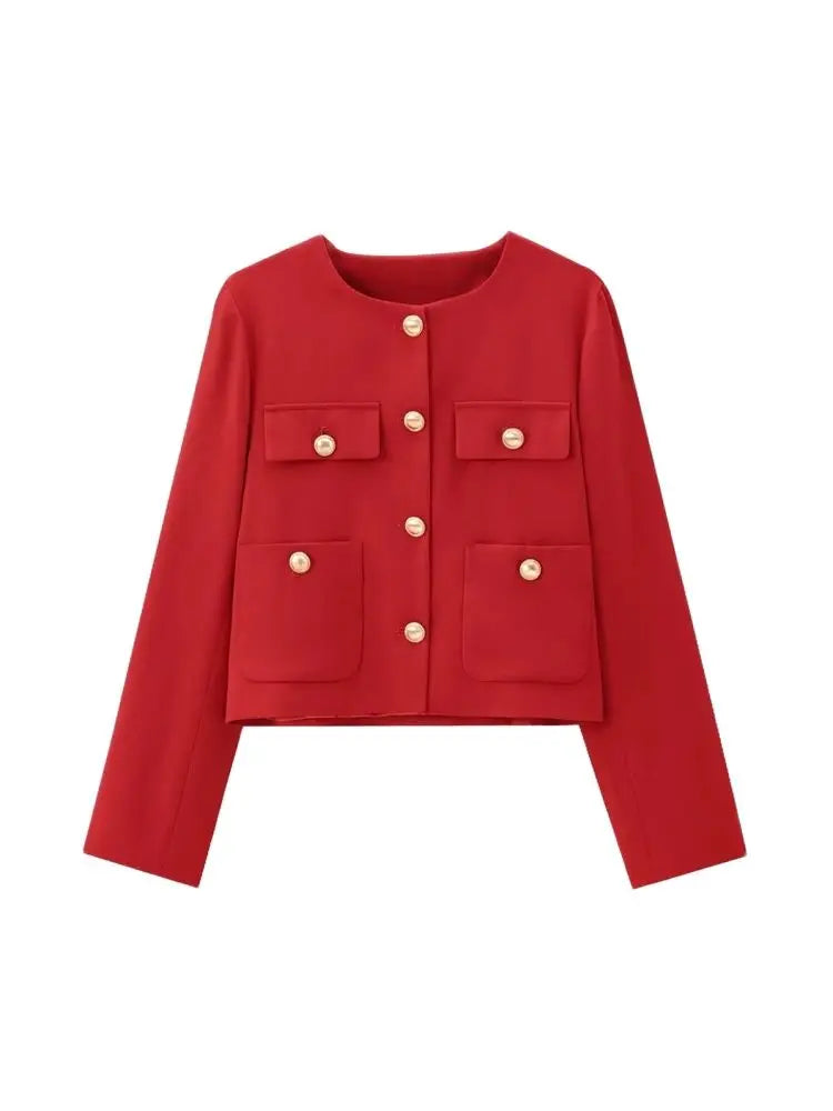 Cropped Jacket with Golden Buttons for Women, O Neck, Long Sleeve, Female Outerwear, Chic Tops, Fashion