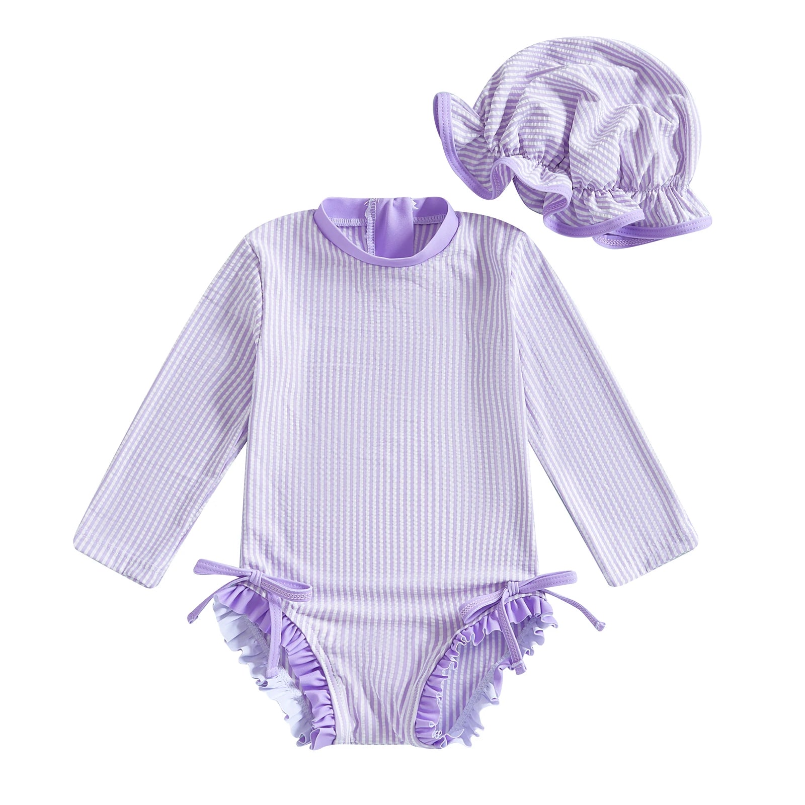 MISOWMNJOY Infant Baby Girls Summer Swimsuit with Hat Toddler Striped Long Sleeve Zipper Bathing Suit Children Beach Swimwear