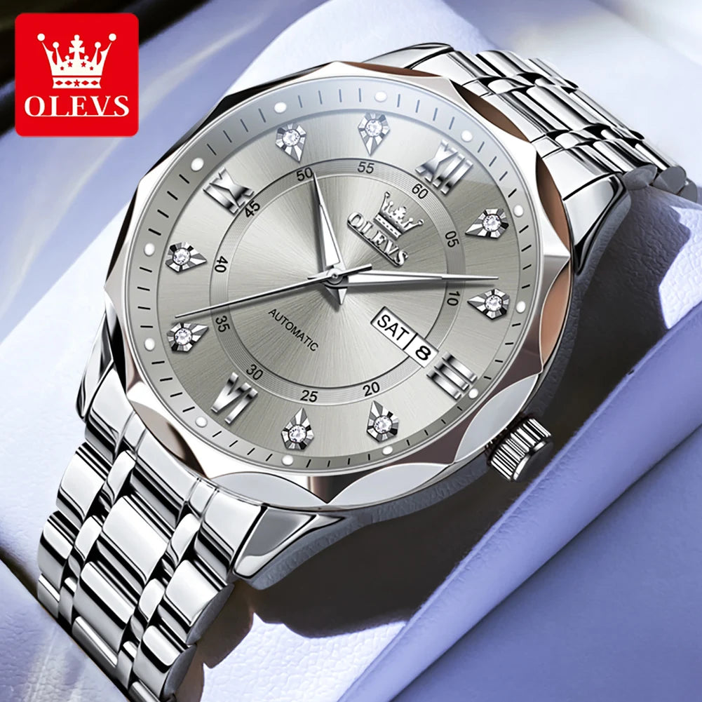 OLEVS 6727 Men's Watches Business Fashion Original Automatic Mechanical Watch for Man Grey Double Scale Waterproof Luminous Date