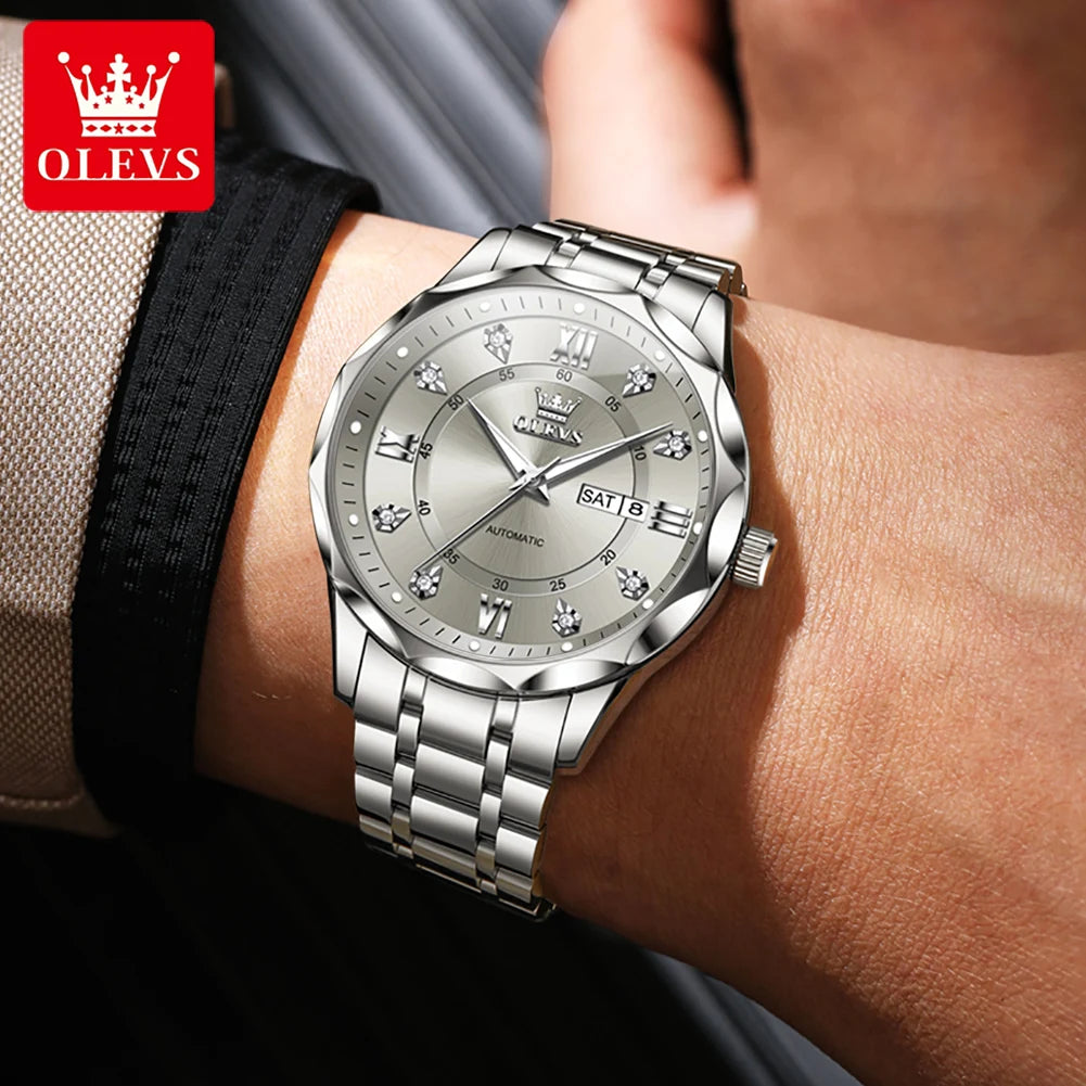 OLEVS 6727 Men's Watches Business Fashion Original Automatic Mechanical Watch for Man Grey Double Scale Waterproof Luminous Date