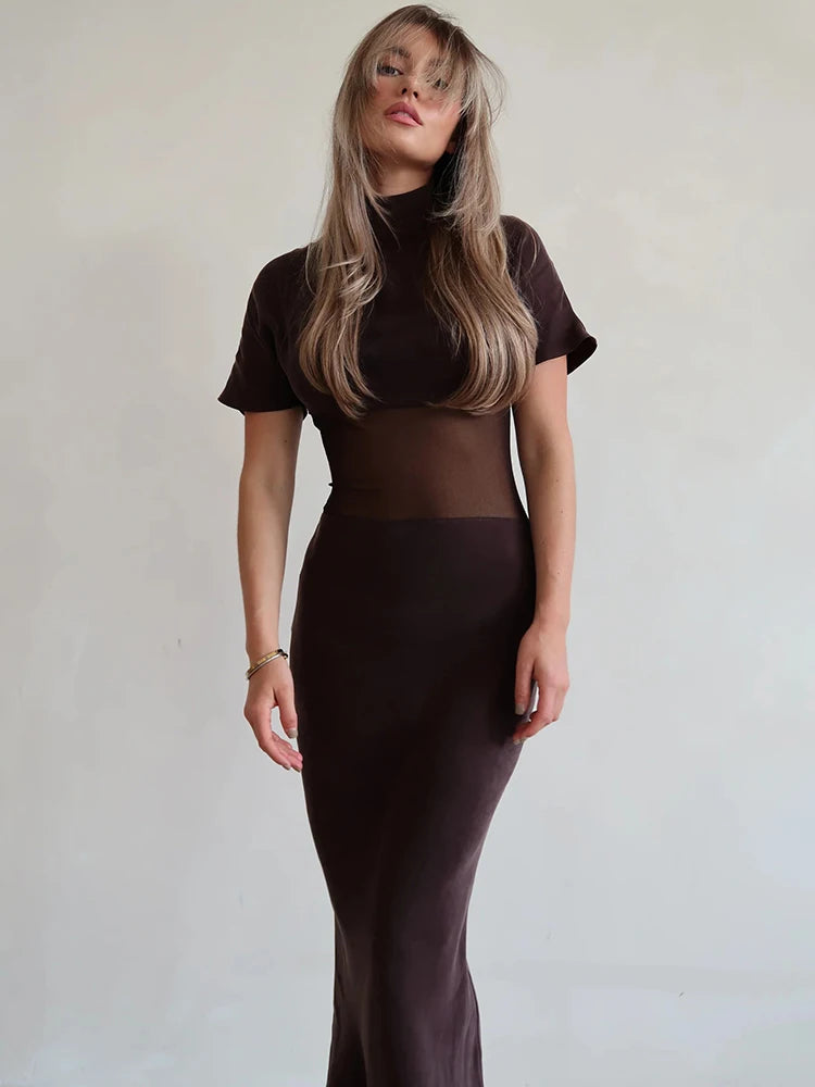 Mozision Turtleneck Short Sleeve Sexy Maxi Dress Women Gown Elegant Patchwork Mesh Sheer Backless Bodycon Club Party Long Dress