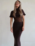 Mozision Turtleneck Short Sleeve Sexy Maxi Dress Women Gown Elegant Patchwork Mesh Sheer Backless Bodycon Club Party Long Dress