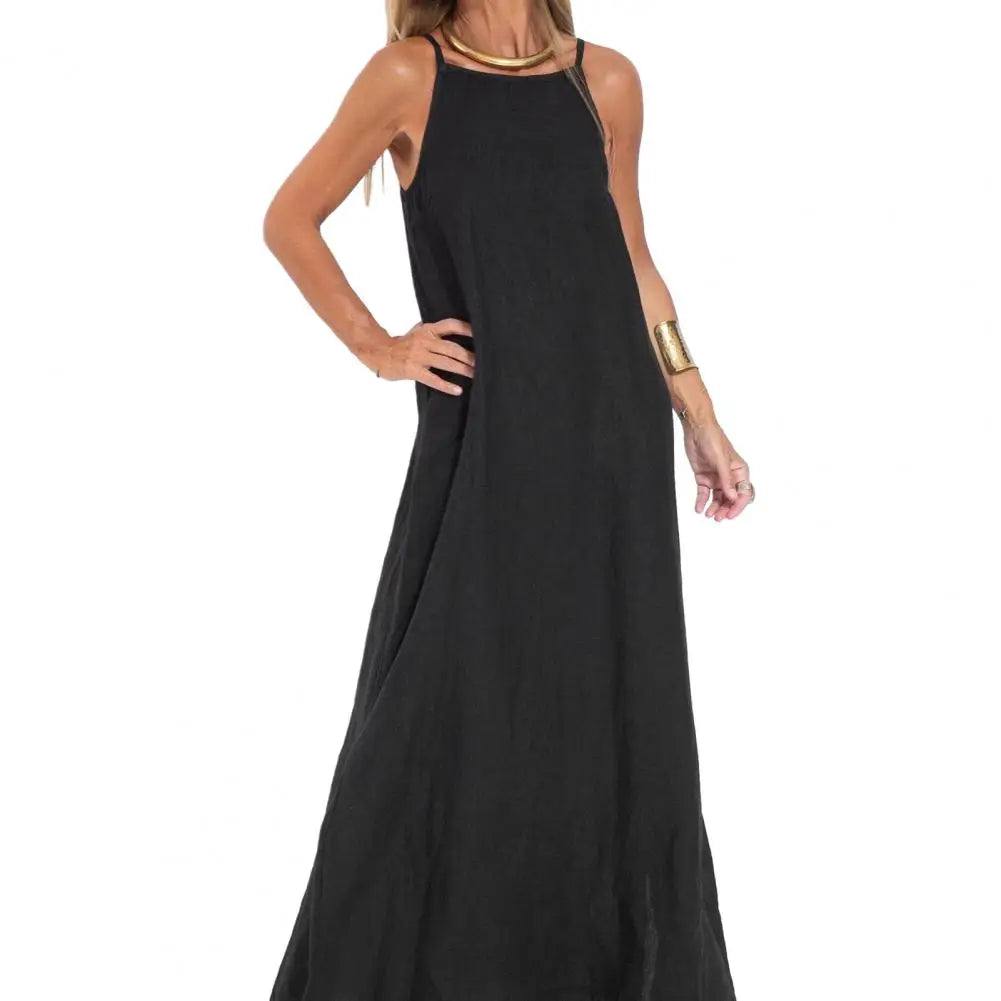 2025 Lady Strappy Maxi Dress A-line Vest Type Ankle Length Summer Beach Dress Loose Casual O Neck Side Split Summer Long Dress