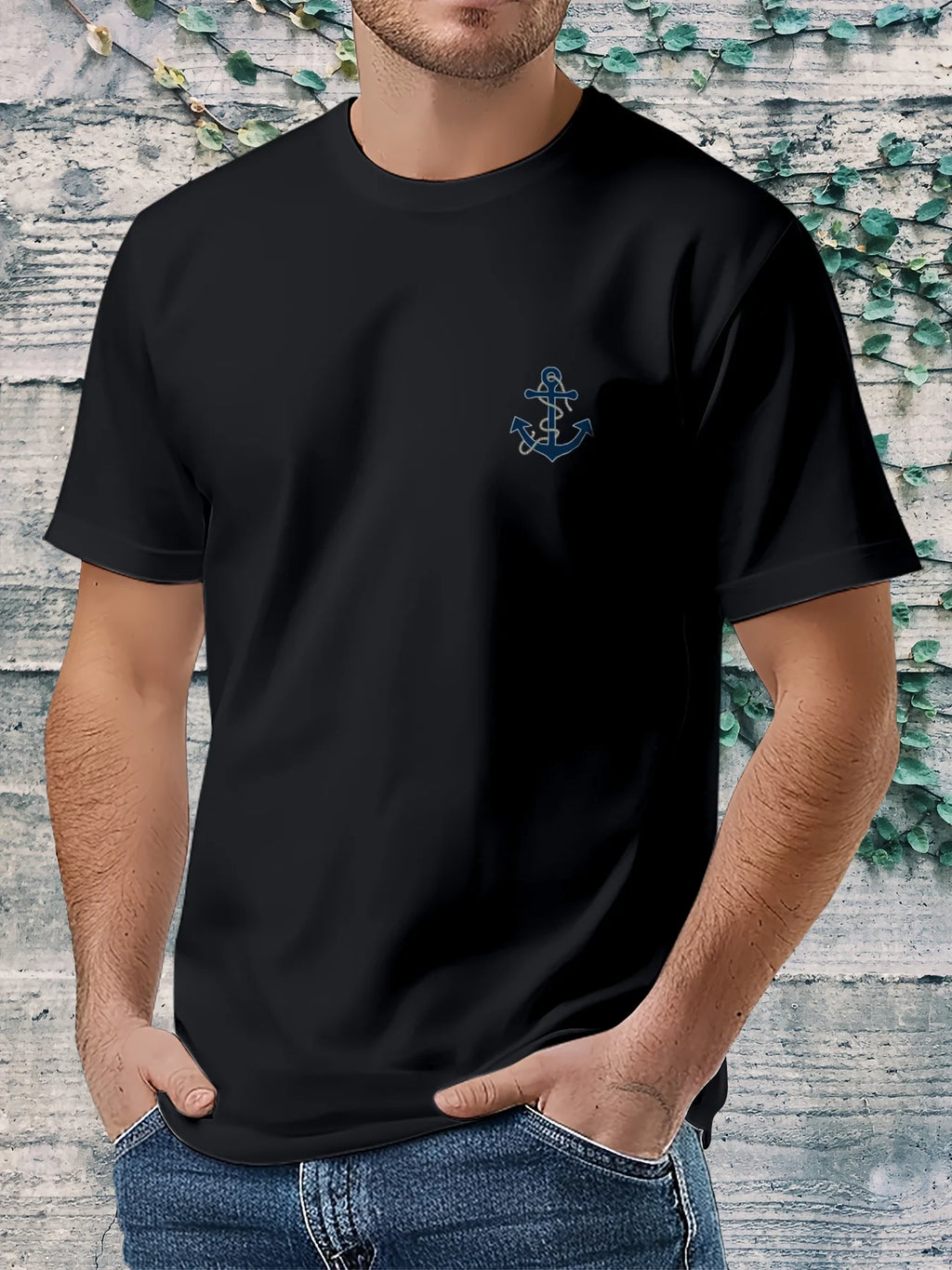 Men's 100% pure cotton fashionable casual loose boat anchor pattern printed round neck short sleeved T-shirt top