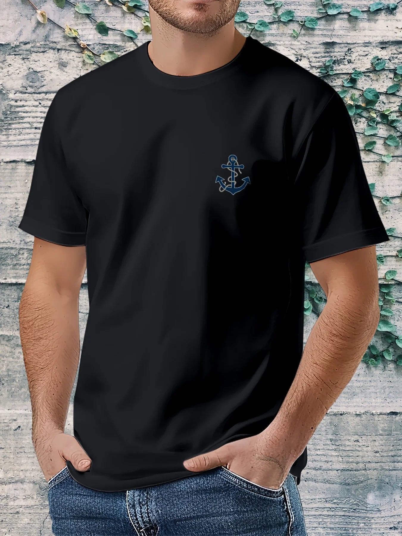 Men's 100% pure cotton fashionable casual loose boat anchor pattern printed round neck short sleeved T-shirt top