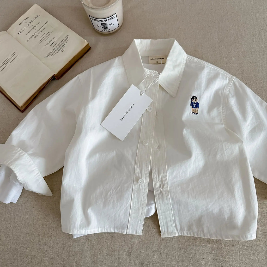 Children's Shirt 2025 Spring Cartoon Boys' Girls' Long Sleeve Blouses Shirts Korean Children's Clothing Pink Blue White Blouse