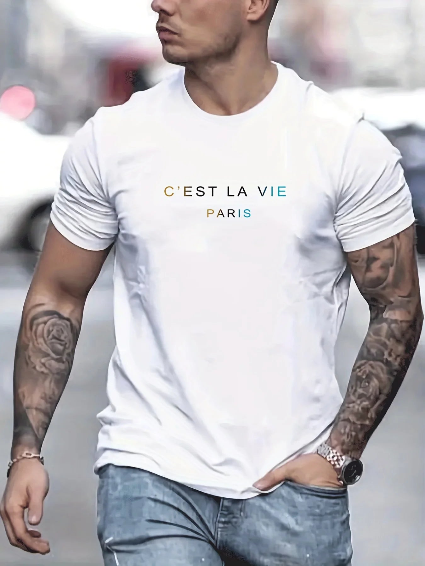 Men's summer 100% pure cotton fashionable casual loose Paris letter printed round neck short sleeved T-shirt top