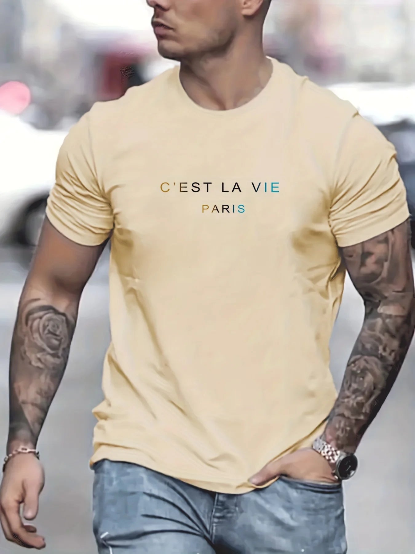 Men's summer 100% pure cotton fashionable casual loose Paris letter printed round neck short sleeved T-shirt top