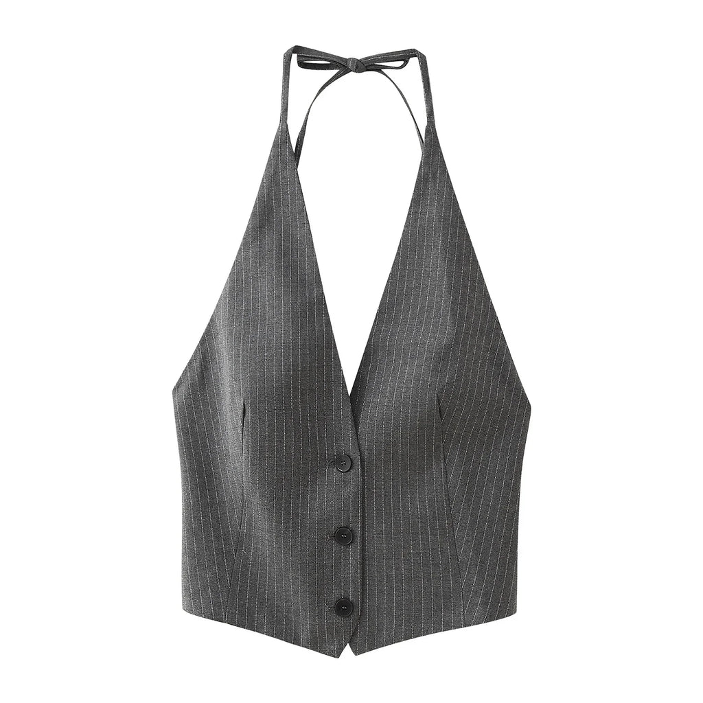 2025 Summer Women’s Adjustable Bow Back Vest | Striped Suit Waistcoat for Office Casual Daily - Deep V Neck Grey Street Chic