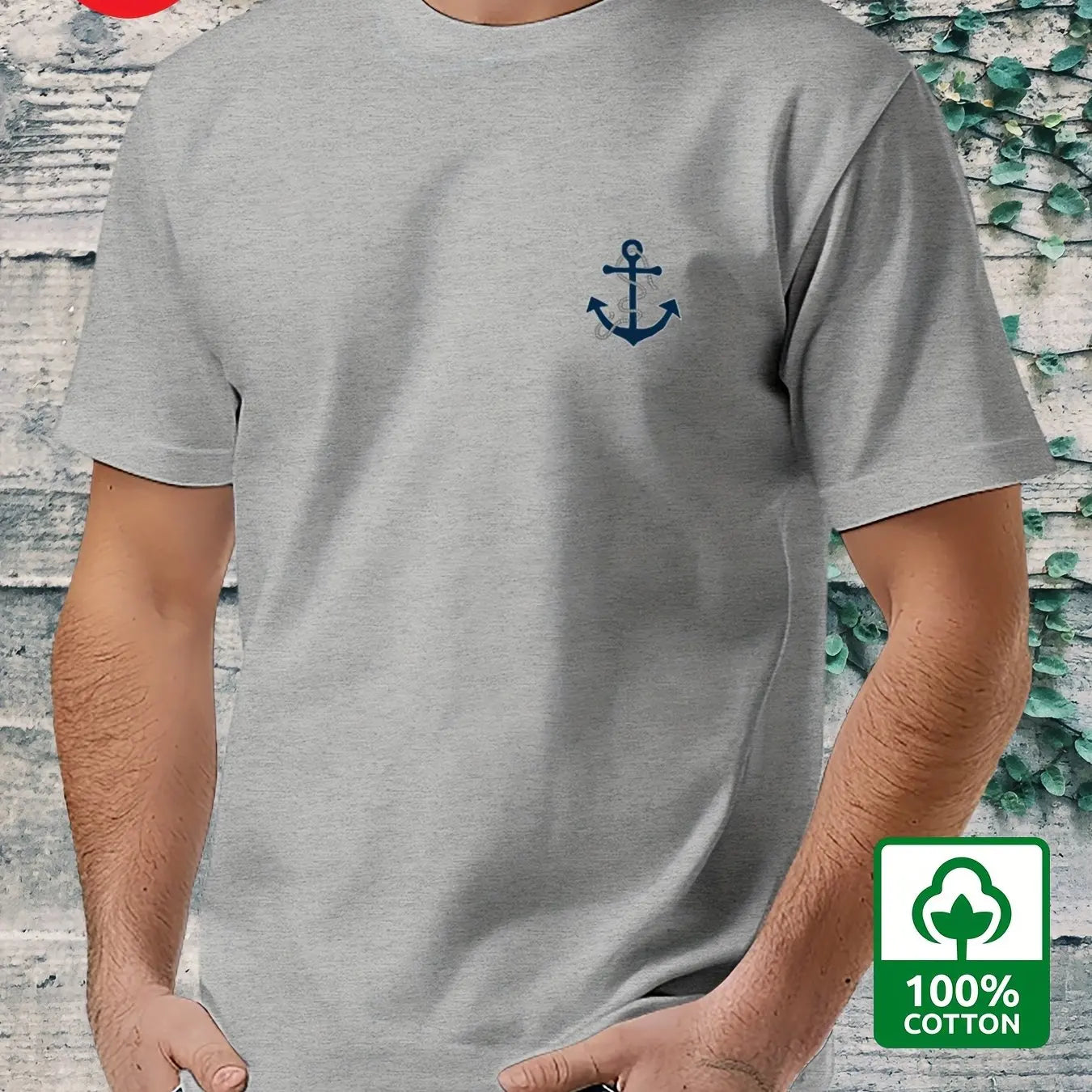 Men's 100% pure cotton fashionable casual loose boat anchor pattern printed round neck short sleeved T-shirt top