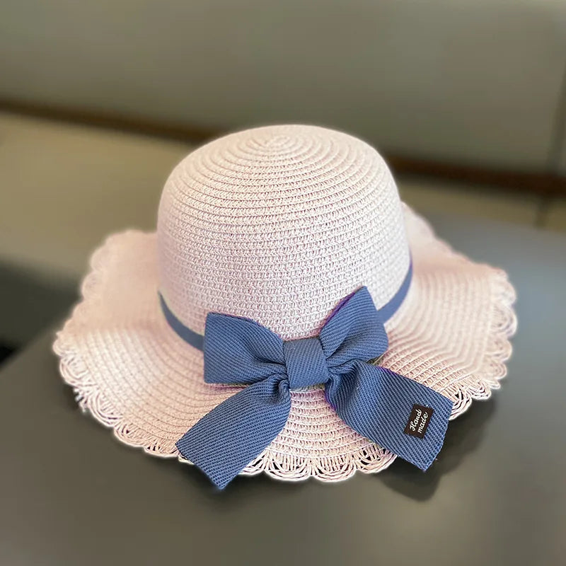 Summer Girls Beach Sun Hats Lotus Leaf Brim Cute Squinting Eyes Bowknot Outdoor Sun Protection Children Straw Cap Kids