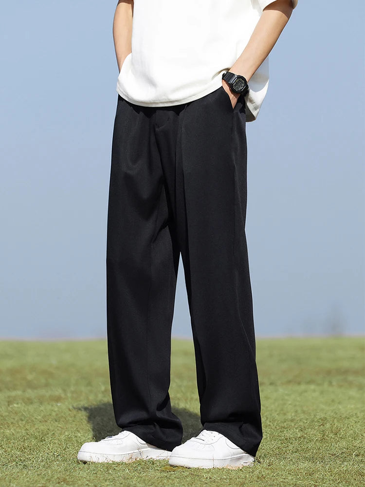 Summer Korean Men's Pants Light&Thin Polyester Elastic Waist Semi-Wide Loose Slacks Drape Suit Pants Male Casual Trousers