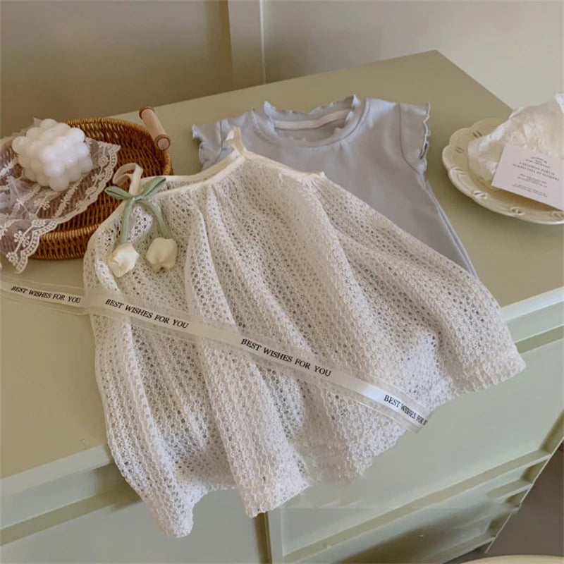 Children's Clothing 2026 Blue Clothing+Camisole Skirt set Summer Sweet Tulip Vest Knitted Skirt Korean Version Baby Set Stylish