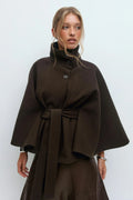 Elegant vintage Cape Coat Fashion Loose Stand Neck Belt Single Breasted Female Streetwear 2025 Autumn Winter Casual Lady Outwear