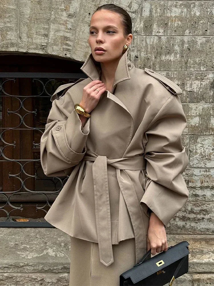 Solid Color Lace Up Windbreaker Women Fashion Long Sleeve Wide Shoulder Short Loose Jacket New Autumn Commuting Street Outerwear