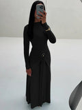 Weird Puss Ruched Elegant Maxi Dress Women Daily Casual Fashion Skinny Full Sleeve Solid Gown Midnight Prom Party Long Bodycon