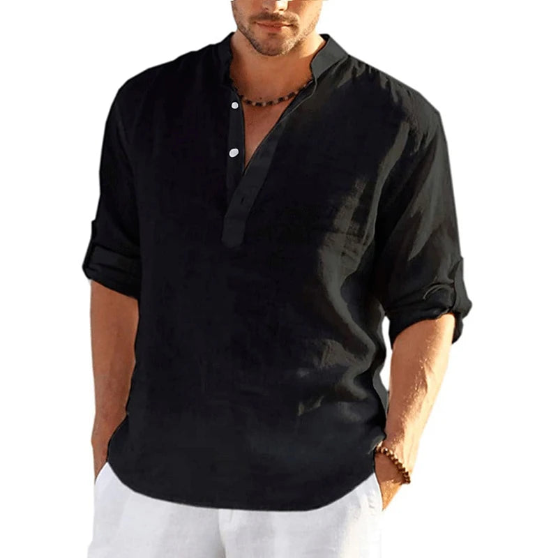 Solid Color 3D Printed Henley Shirts Men's Fashion Streetwear Oversized Stand Collar Long Sleeve Shirt Tops Blouse Man Clothing