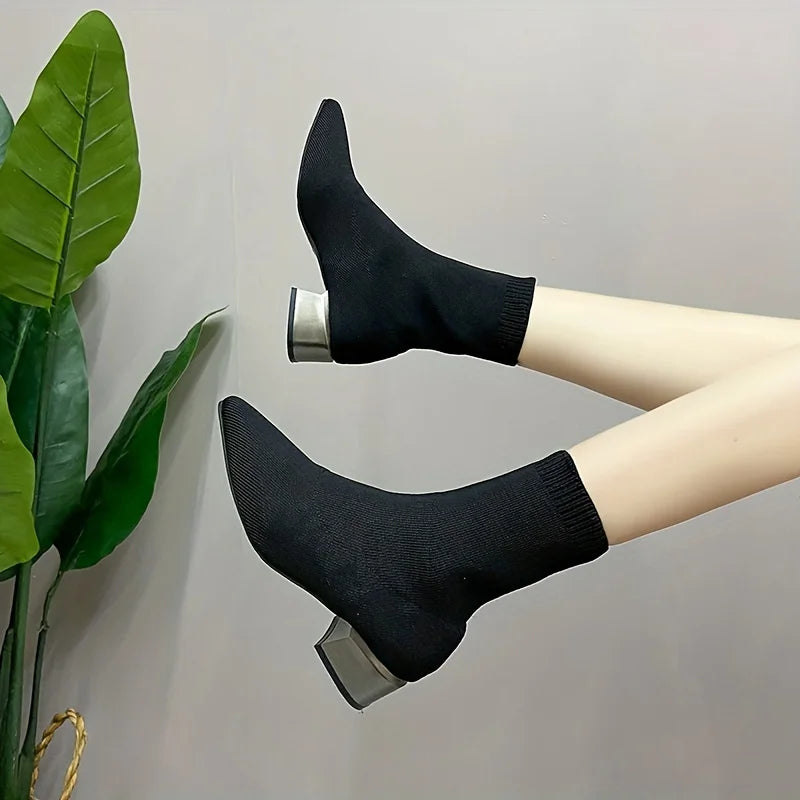 Women's Knitted Ankle Boots Pointed Toe Stretchy Chunky med Heels Fashion Sock Short Botas