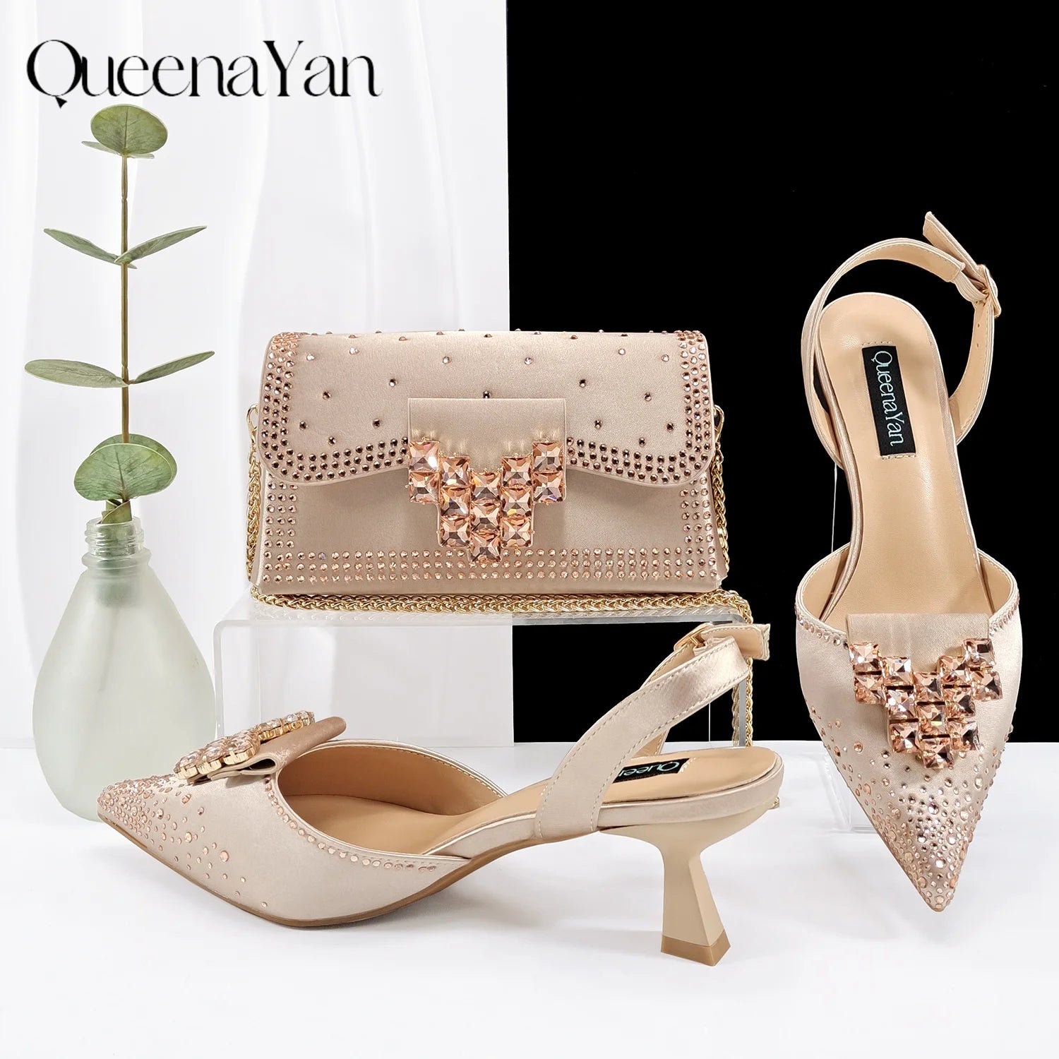Queen Yan Green Color Rhinestone Comfortable high heel shoe And Bag Fashion Style Pointed-Toe Shoes For Women Or Commuting Shoes