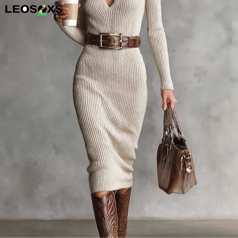 Women's Fashion Elegant Casual Turtleneck Patchwork Maxi Dress Long Sleeve Autumn Winter Simple Party Streetwear Solid 2025 New